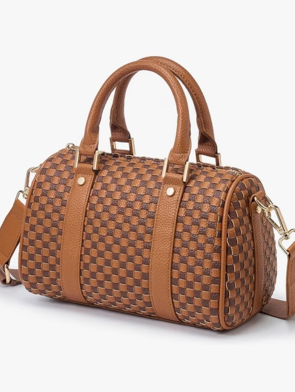 Classic Brown Vegan Leather Woven Barrel Satchel Bag